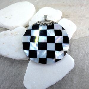 Big VTG Sterling Silver .925 Onyx & Mother of Pearl Checkerboard Pendant